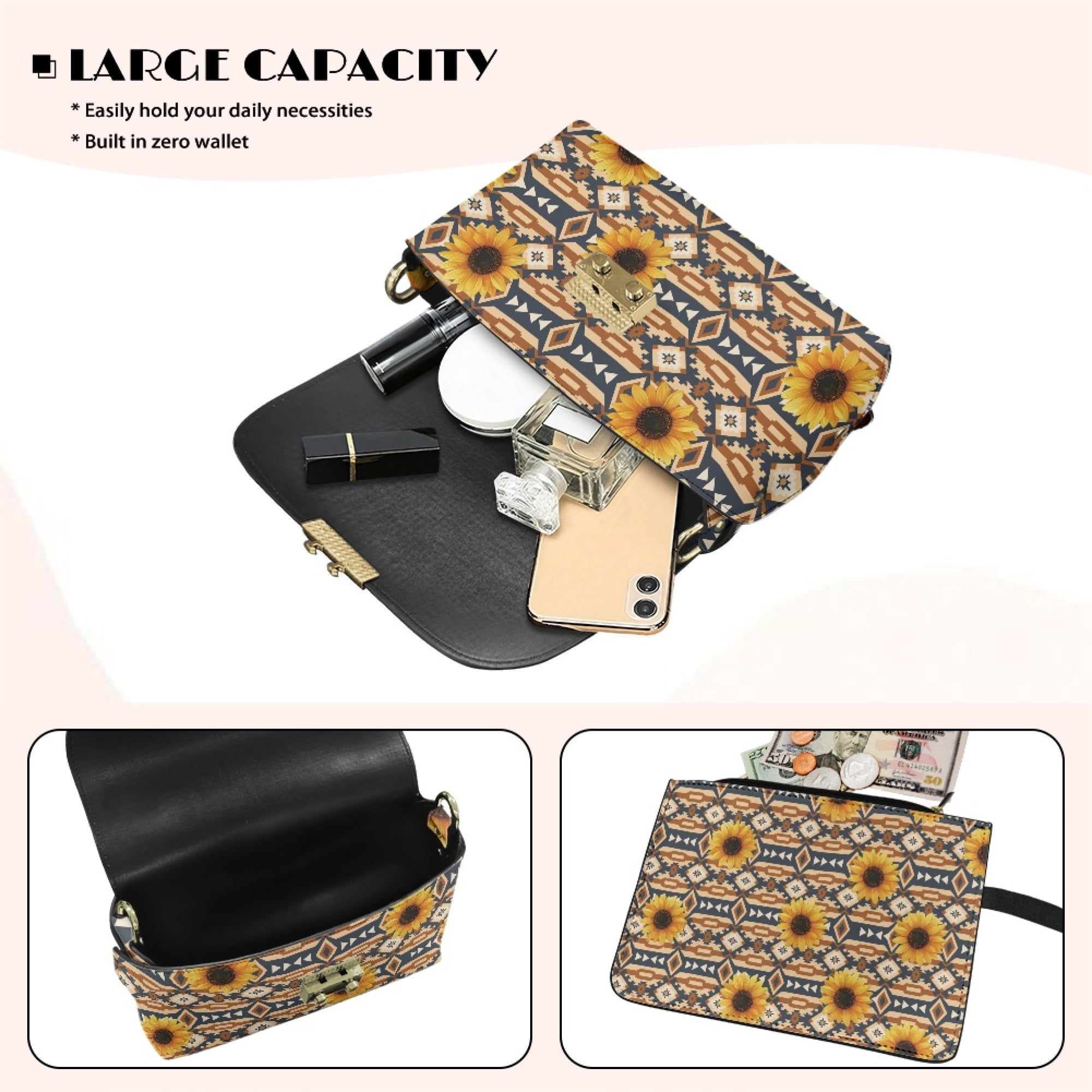 TSOVTHRID Aztec Tribal Sunflower Brown Print Crossbody Bags Womens Leather Cross Body Handbags for Women with Long Detachable Chain Small Shoulder Purses Large Capacity Bag