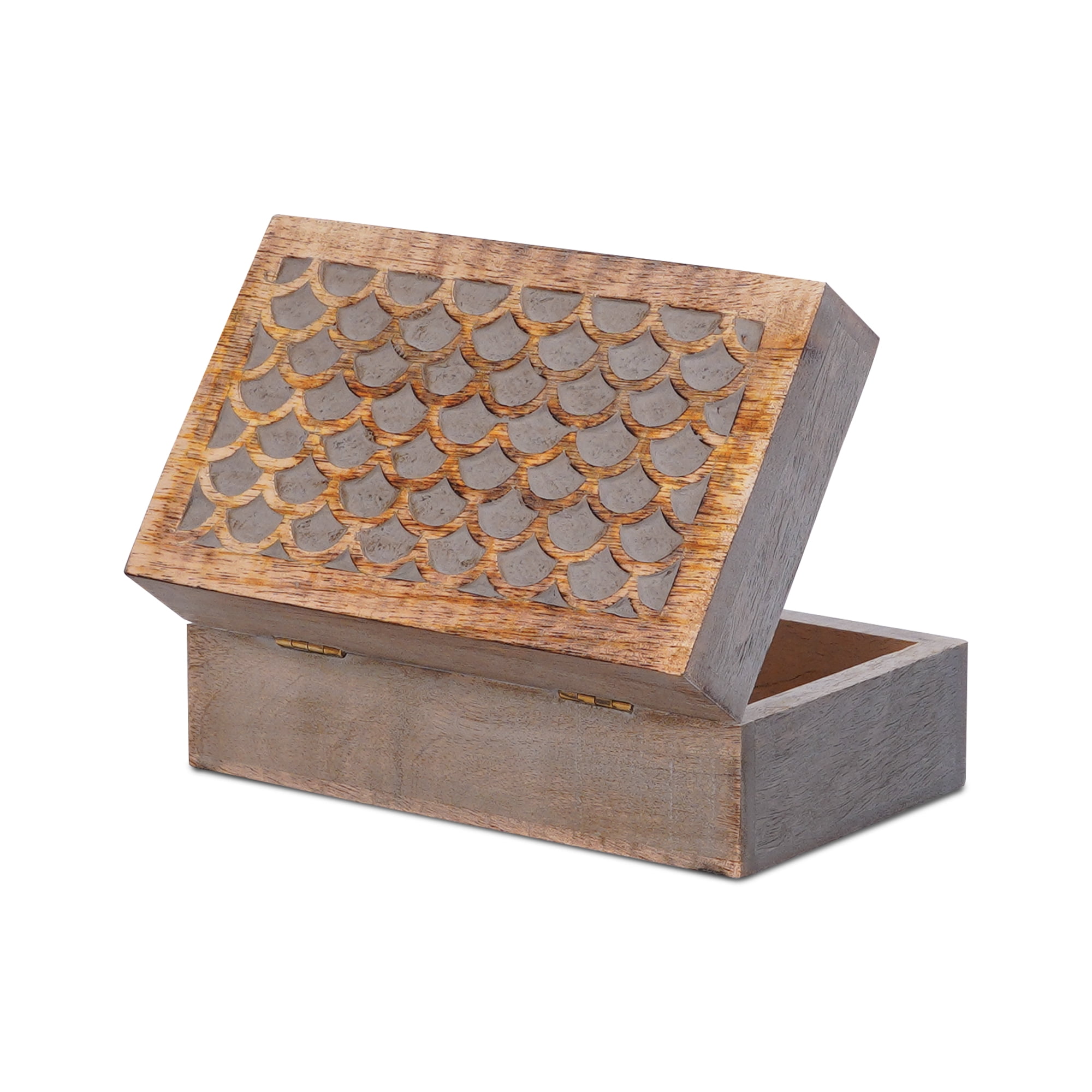 Scallop Wooden Box, Medium, Light Burnt Over Grey Decorative Box with Lid with Felt Pads Underneath & Wooden Carving, Unique Handmade Mangowood Keepsake Storage Box for Home, 7.5 x 4.5 x 3
