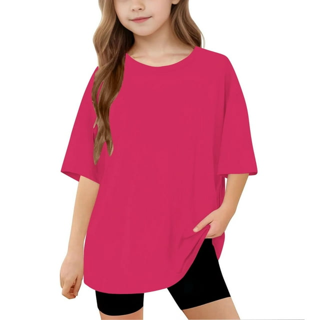 Lmnyox Kids T Shirts Oversized Short Sleeve Basic Tee Solid Color Loose Crew Neck Summer Shirts Tops 5-15 Years