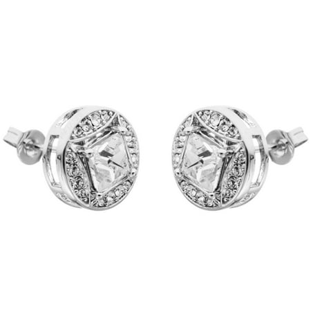 18K White Gold Plated 2-In-1 Interconnecting Earrings Set with Circle or Square Design and High Quality Crystals by Matashi