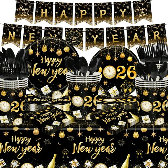 Tumao New Years Plates and Napkins Party Supplies, Happy New Years Party Decorations, Black Gold Theme Tableware Set for Happy New Years 122Pcs 20 Guests
