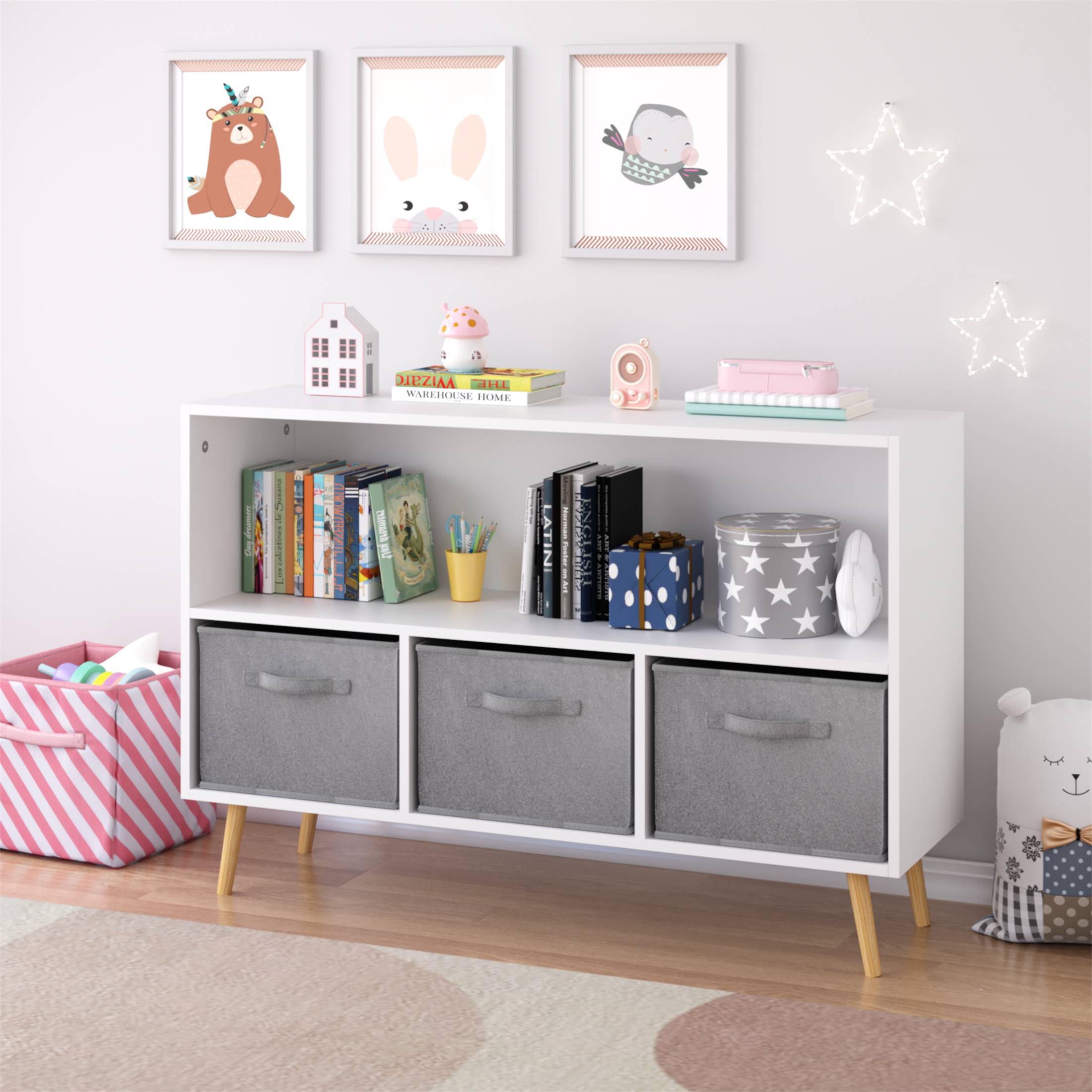 bookcase with Collapsible Fabric Drawers, Book Display, Toy Storage Cabinet Organizer 35.43*10.62*23.62 white