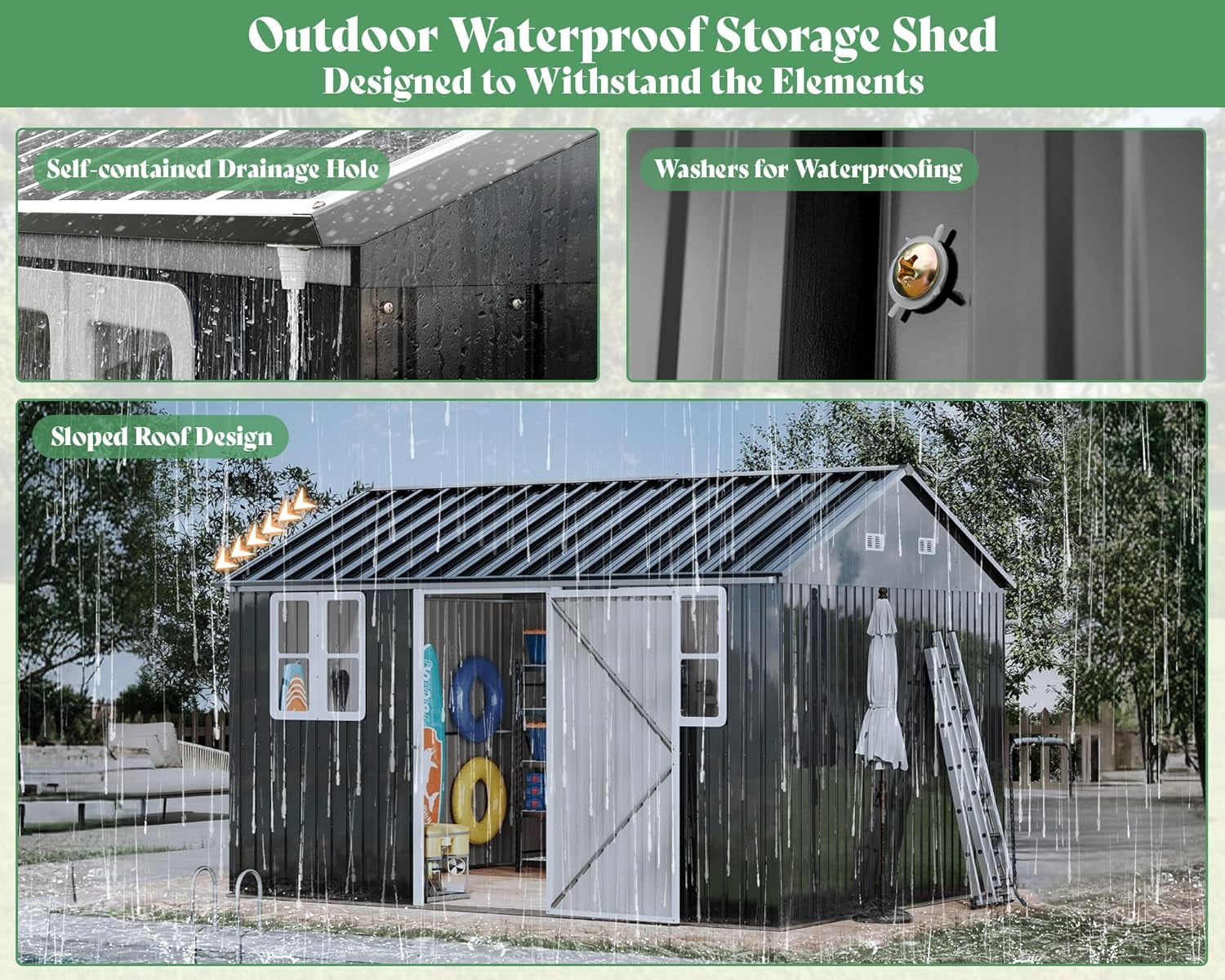 Jocisland 12x10.3x8.2 ft Galvanized Steel Outdoor Storage Shed with Two 4-Pane Windows Lockable Door, for Backyard, Garden, Patio, Dark Grey/White