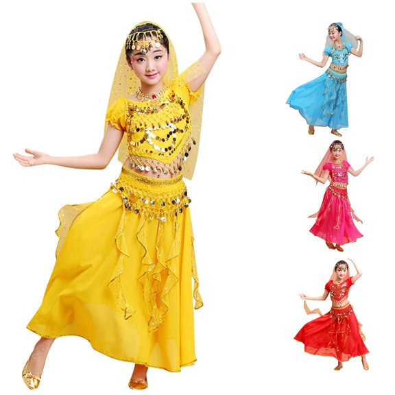 WERYOUNG Girls Halloween Dance Outfits Sequin Fringe Crop Top Harem Pant With Headscarf Headpiece Kids Stage Performance Sets Comfortable Clothing Sets 9-10 Years