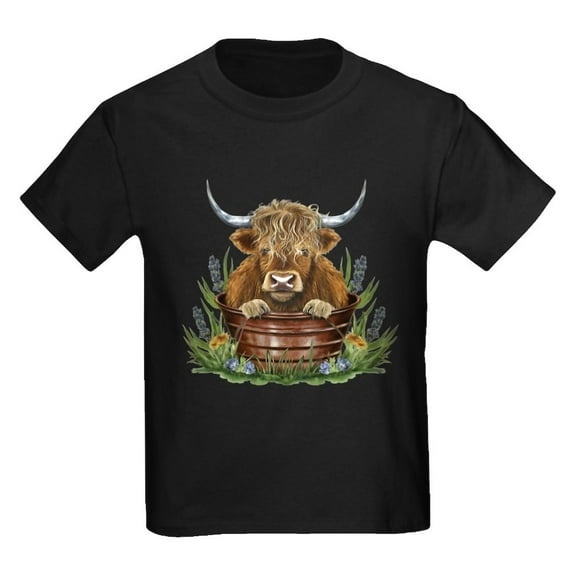 CafePress - Highland Cow Sitting In A Metal Kids T Shirt - Dark T-Shirt Kids XS-XL