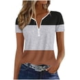 thumbnail image 5 of CYMMPU Women's Short Sleeve Shirts Zipper Color Block V Neck Tunic Tops Casual Blouse Summer Fashion T-Shirts Brown XXL, 5 of 6