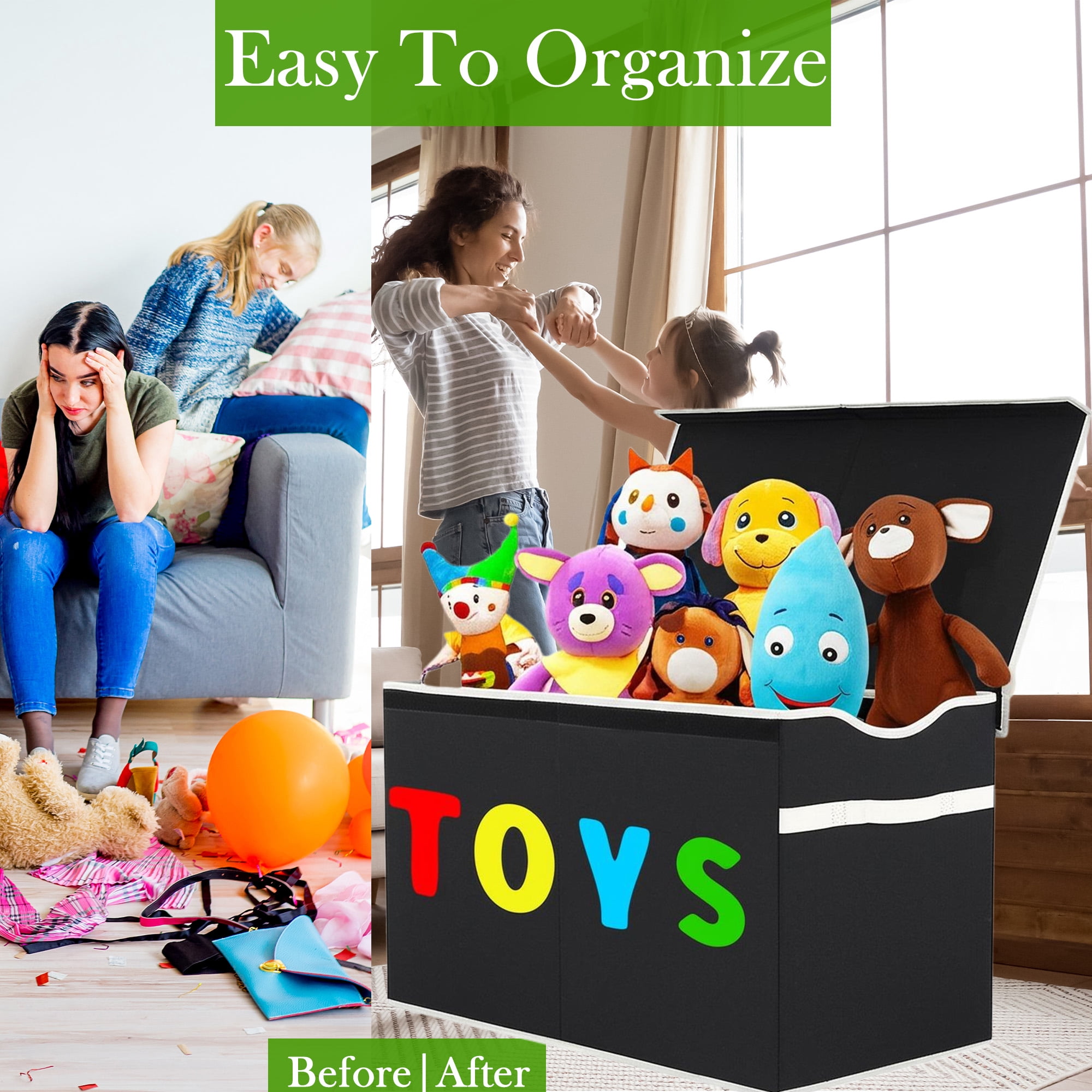 VICTORICH Large Child Collapsible Toy Storage Fabric 32 gal Kids Room Toy Chests, with 1x Extra Large Toy Storage Box with Lid, Black