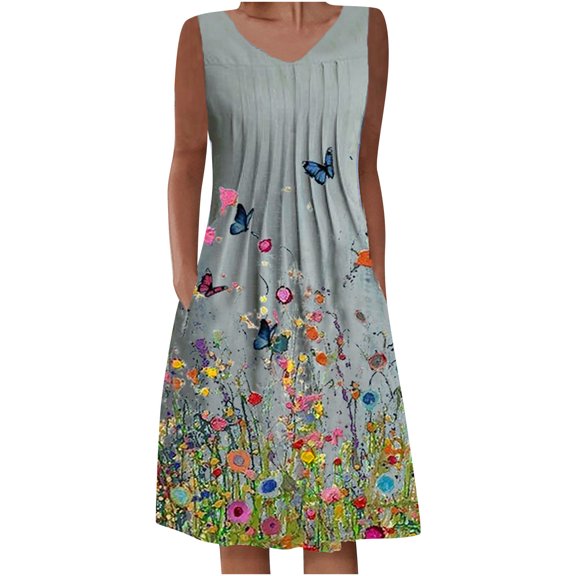 JINMGG Dresses for Women 2023 Clearance,Women's Summer Casual Round Neck Sleeveless Folding with Pocket Printed Dresses