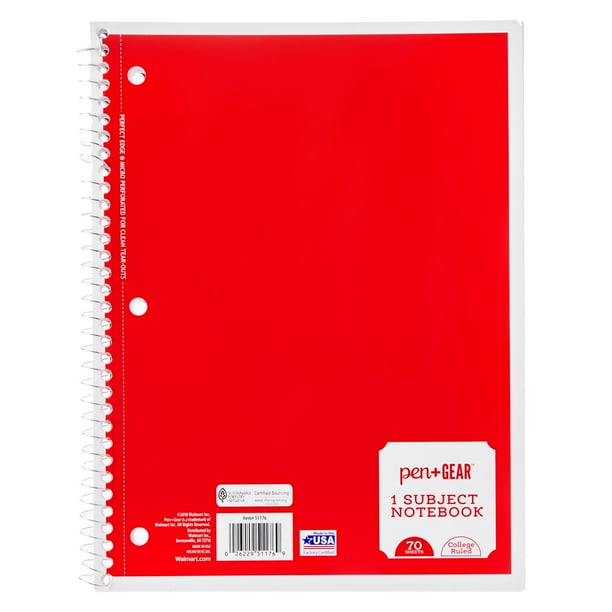 Pen + Gear 1Subject Spiral Notebook, College Ruled, 70 Pages Walmart