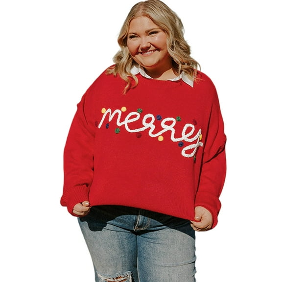 Fiery Red Merry Graphic Plus Size Christmas Sweater for Women - [ZhiHiMeRi] | (US 14W-16W)1X