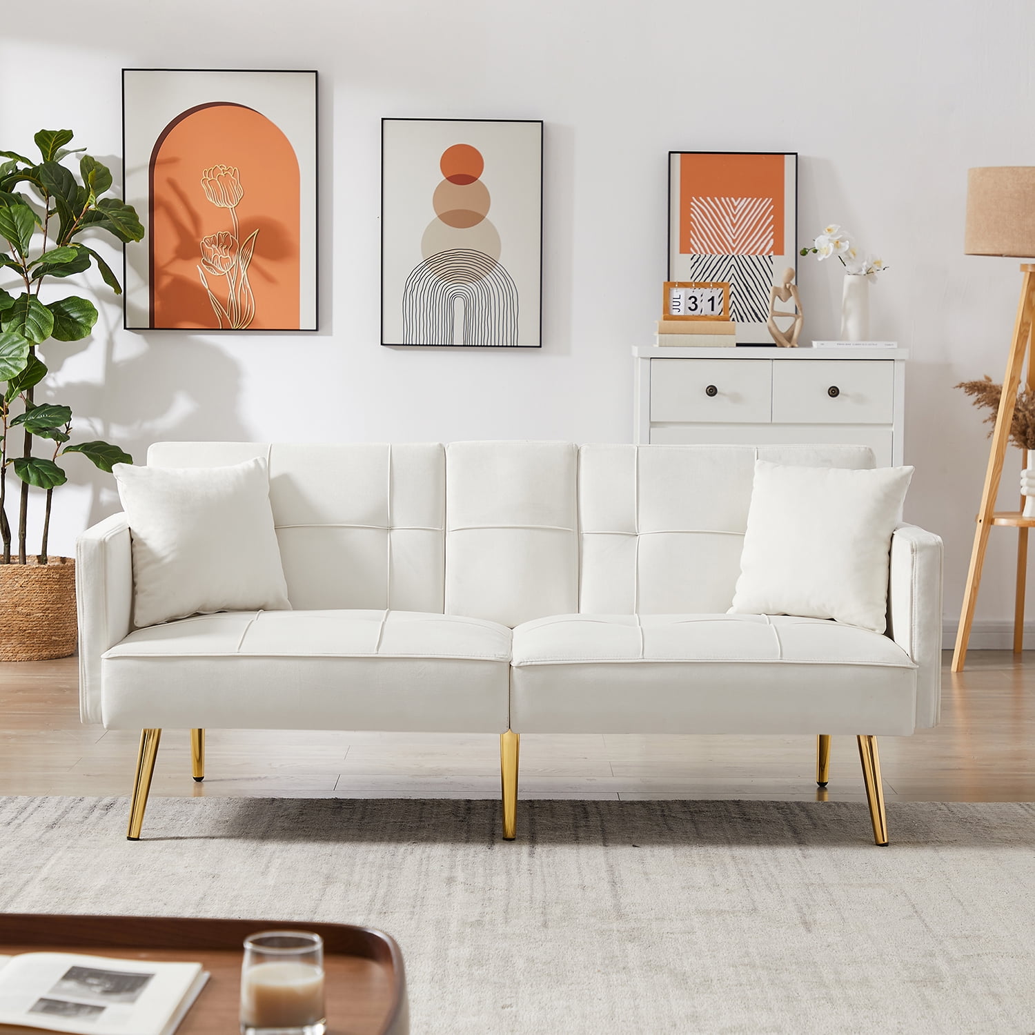 Kadyn Upholstered 2-Seat Futon Sofa, Velvet Sofa Bed with Armrest, Futon Sofa Couch for Living Room, Cream White