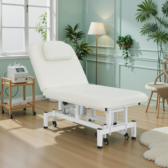 BarberPub Wheeled Electric Facial Bed, Powered Salon Spa Bed with Dual Motors, Adjustable Backrest & Height, White
