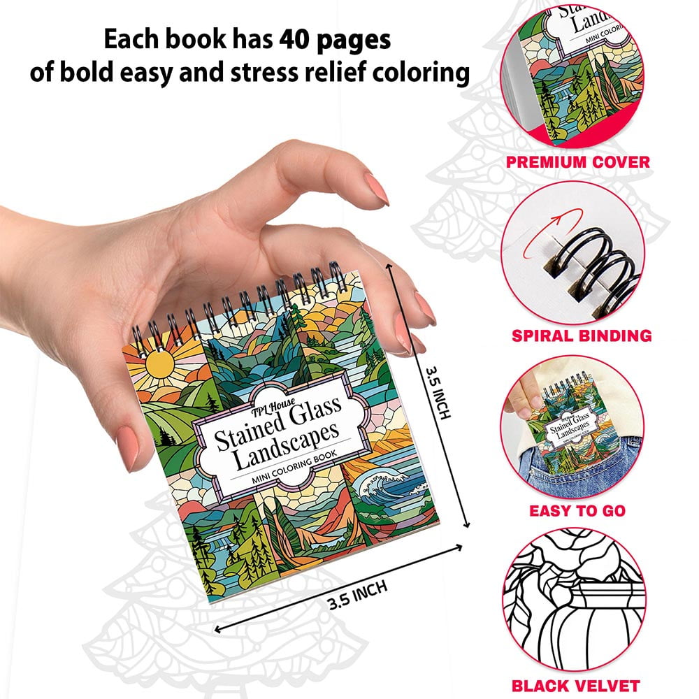 Stained Glass Mini Coloring Book Spiral Bound for Adult, Pack 6, 3.5” x 3.5” Pocket Size, 40 Coloring Pages Stress & Anxiety Relief, Travel for Women Men