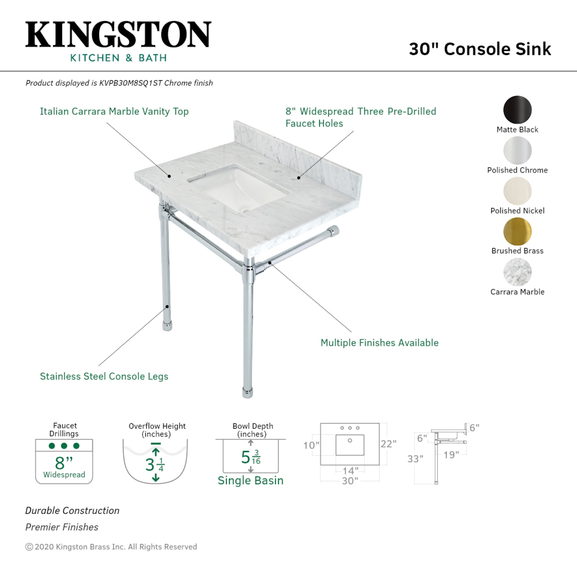 Kingston Brass Dreyfuss 30 inch Carrara Marble Vanity Top with Polished Nickel Legs, 8 Inch 3-Hole Sink