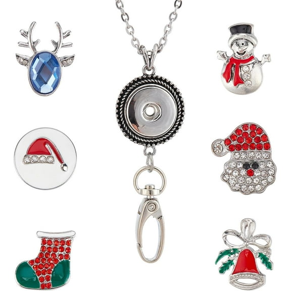1 Box 6 Styles Christmas Lanyard Snap Button Lanyard Necklace Set Rhinestone Snowman Red Green ID Badge Lanyards Badges Holder Stainless Steel Necklace Chain Gifts Mixed Color