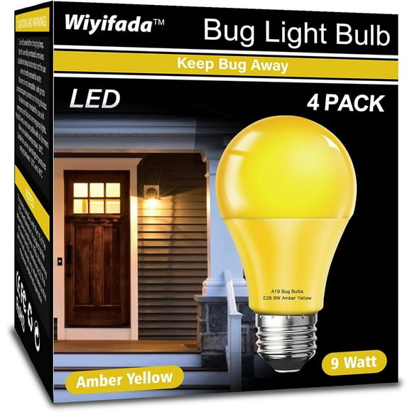 SHIQI-LED Bug Light Bulbs Outdoor 4 Pack,9W Amber Yellow Bug Light Bulbs Replace up to 100W, A19 Bug Lights for Outside, Bedroom, Hallway Porch Light