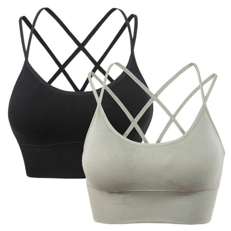 Baywell 2 Pack Womens Padded Sports Bra Cross Back Bra Workout Strappy Bra Seamless Comfortable Yoga Bra Black+Gray 32/70ABD-42/95AB