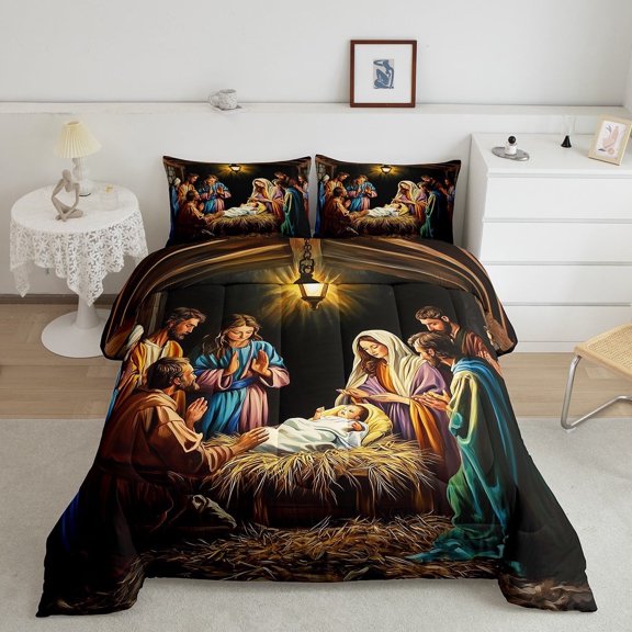 jejeloiu Christmas Theme Queen Comforter Set,Divine Descent Bedding Sets,Western Peace Culture Bedding Comforter Set For Men Women,Breathable Home Decor Reversible,3pcs