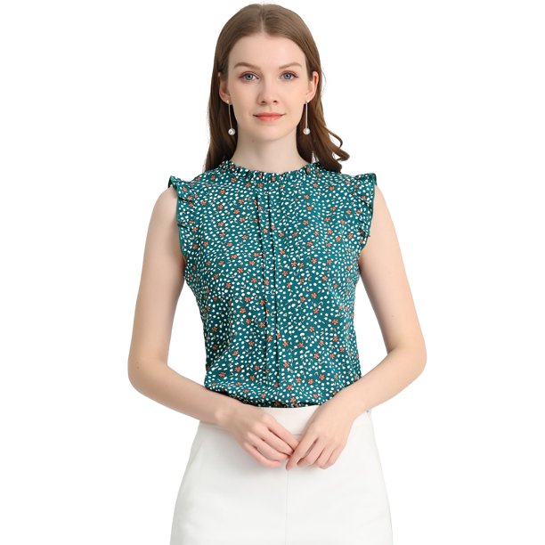 Blusa elegante Sin mangas Vintage de la Década de 1950 Allegra K con volantes para Oficina de Negocios para Mujer Azul Verde-Floral XS