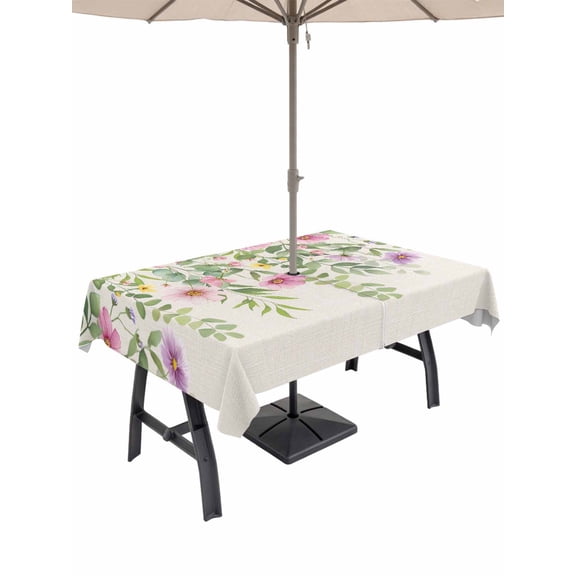 Outdoor Tablecloth with Umbrella Hole and Zipper, Colorful Flowers Rectangle Table Cloth 60x84 Inch Waterproof Tablecloth, Spring Floral Leaves Botanical Country Beige Picnic Table Cover for Patio