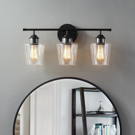 Kawoti  3-Light Dimmable Bathroom Vanity Light with Glass Shade - L22" x W7" x H10.5" Matte Black Black Matte