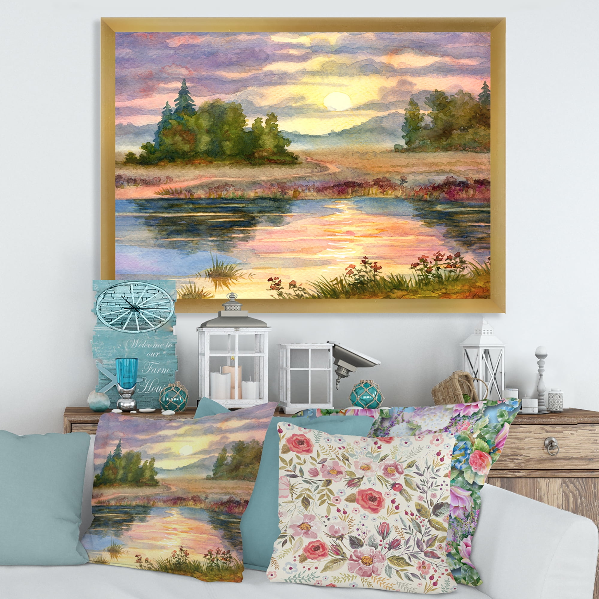 Designart 'The Rural Lake In Sunset Evening I' Traditional Framed Art Print