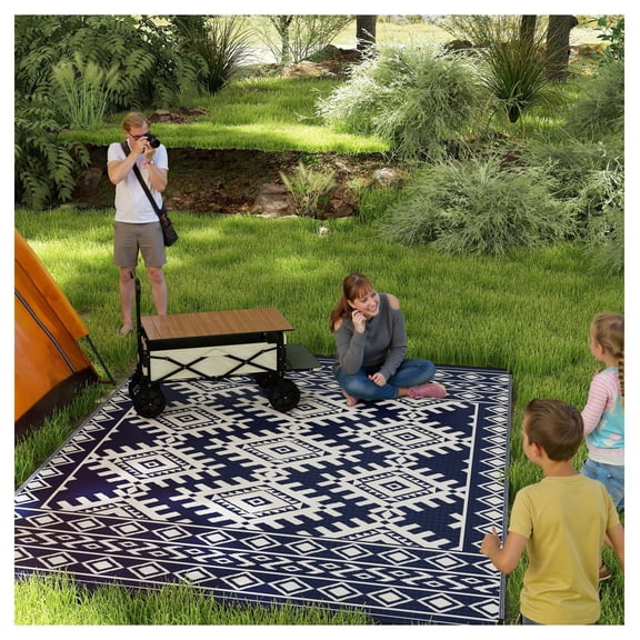 9x12 Outdoor Rug, Reversible Waterproof Plastic Straw Rug with Bag, Blue & White Rhombus Border, Portable Camping Picnic Rug