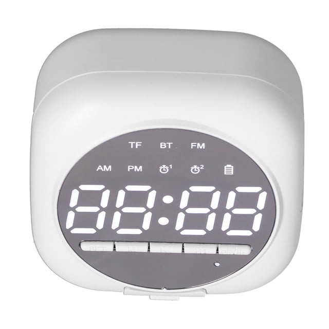 Altavoz Bluetooth P12 con espejo LED inalámbrico, reloj despertador portátil dual, altavoz de graves, color blanco