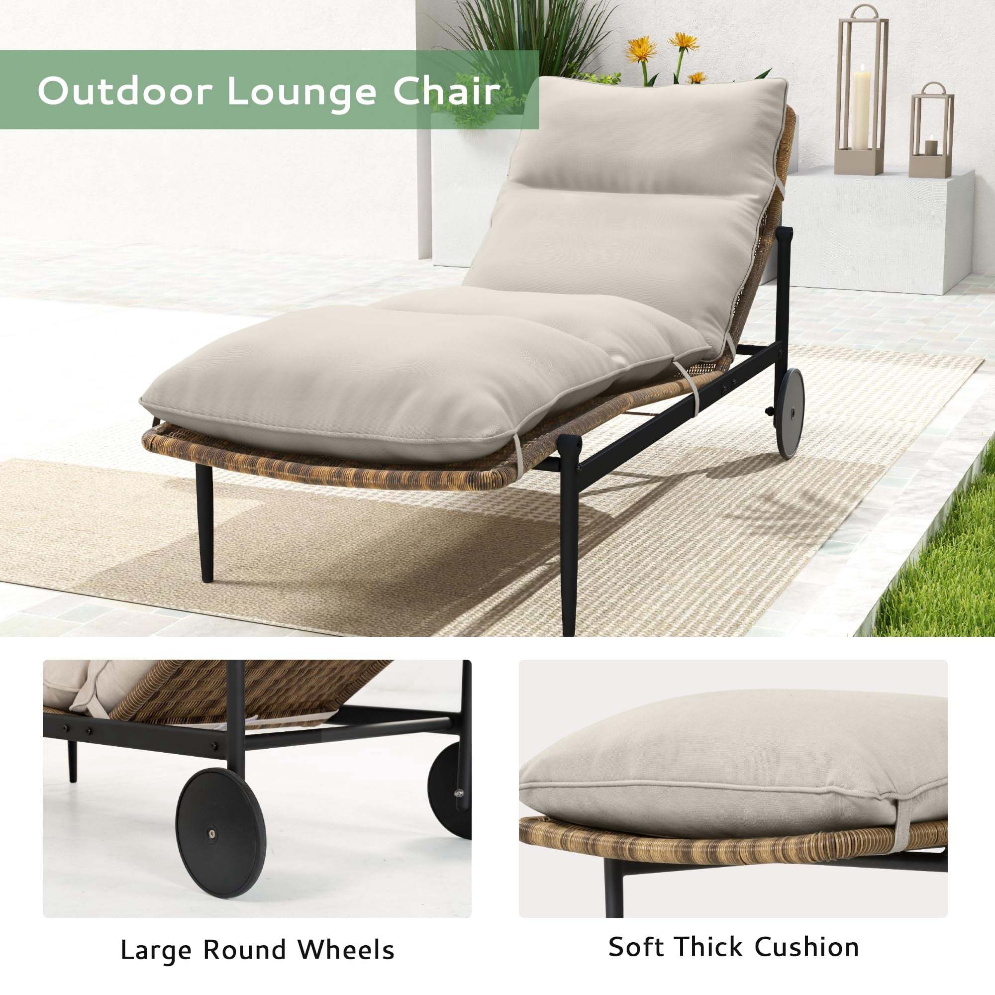 2PCS Patio Chaise Lounge Chair Set of 1 Outdoor Wicker Lounge Chairs with Cushion Wheels and Wood Table Poolside Backyard Deck Porch, Beige