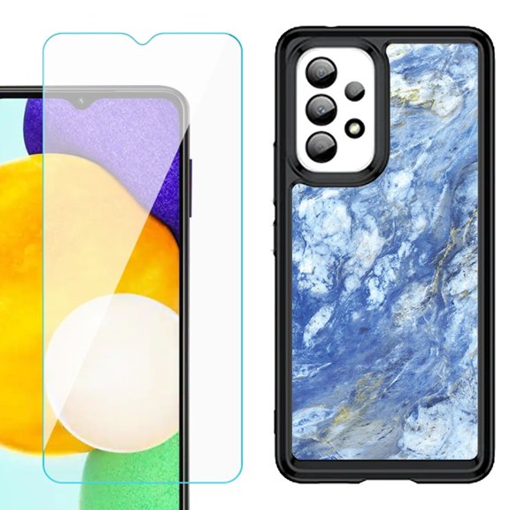 Shockproof Bumper (Black Frame) phone Case for Samsung Galaxy A23 5G, with Tempered Glass Screen Protector, by OneToughShield ® - Marble / Gem Blue