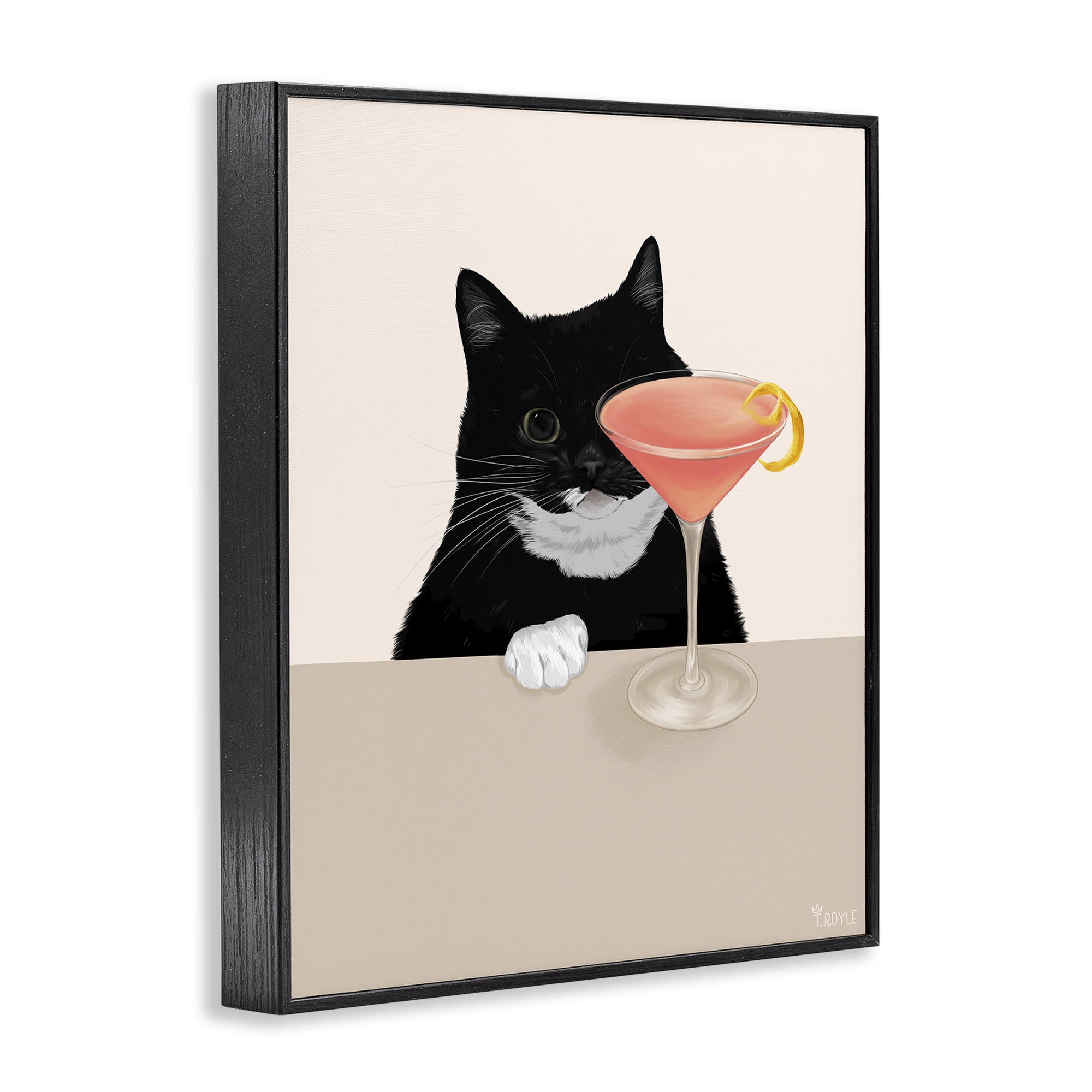 Stupell Industries Cat & Pink Cocktail Food & Beverage Painting Black Framed Art Print Wall Art, 16 x 20