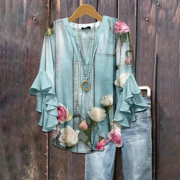 Women Shirts Women Floral Half Sleeve Shirt Summer Printing V Neck Daily Casual Top 3/4 Sleeved T Shirt Loose Large Size T Shirt, Women Shirts M