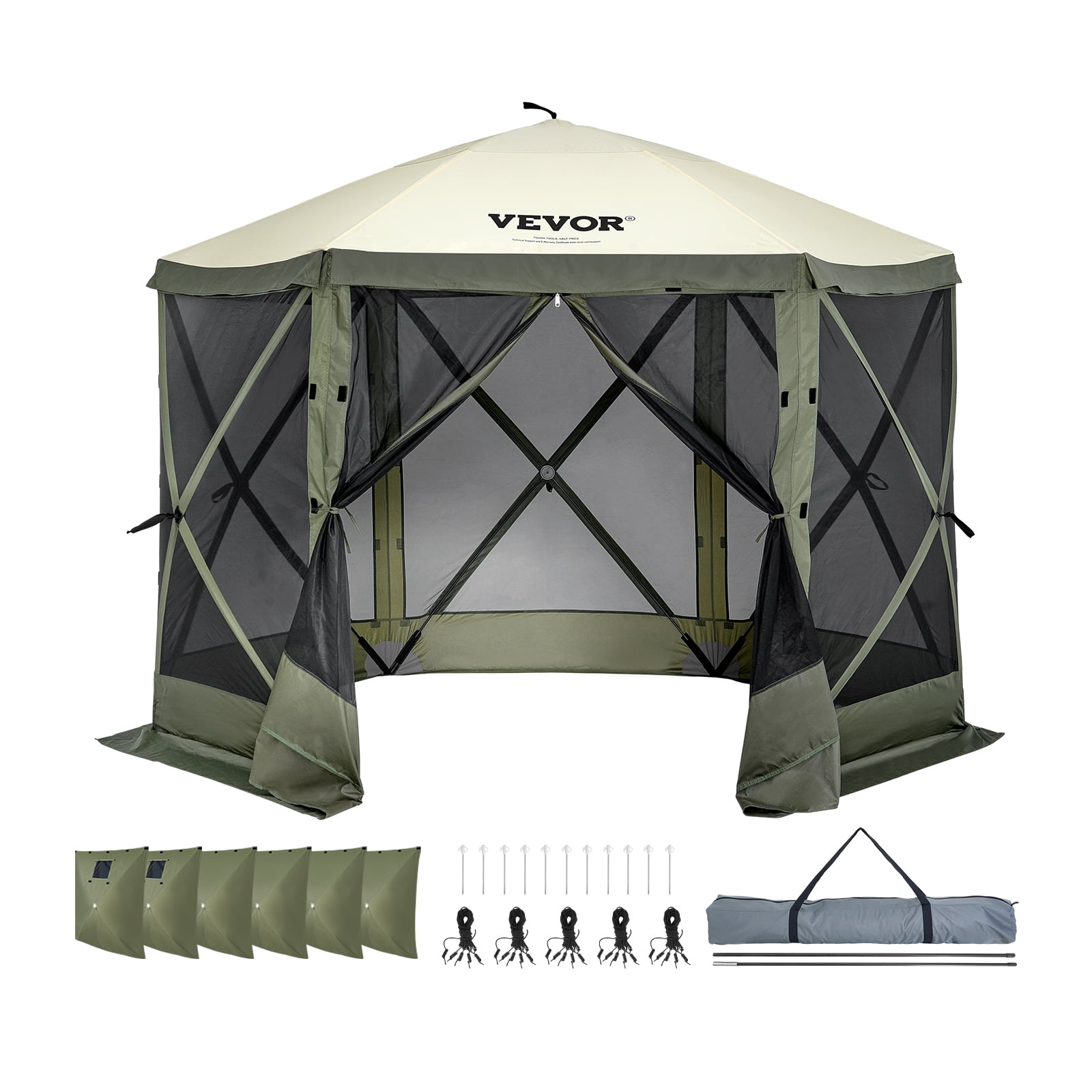 VEVOR Pop up Gazebo Tent, Pop-Up Screen Tent 6 Sided Canopy Sun Shelter with 6 Removable Privacy Wind Cloths & Mesh Windows, 10x10FT Quick Set Screen Tent with Mosquito Netting, Army Green