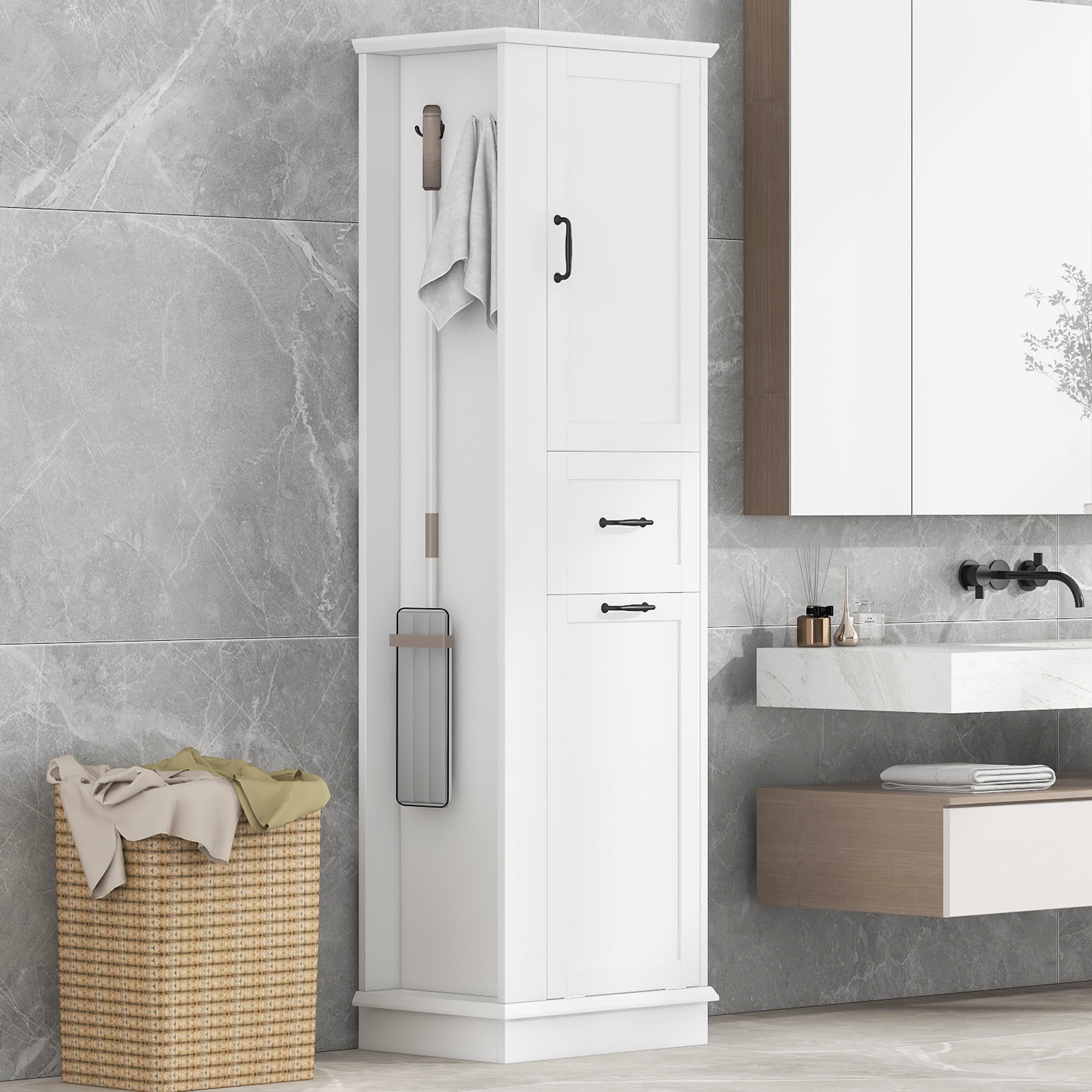 Alvantor 68" Bathroom Cabinet with Tilt-Out Compartment, Freestanding Wooden Storage Cabinet for Bathroom Living Room White