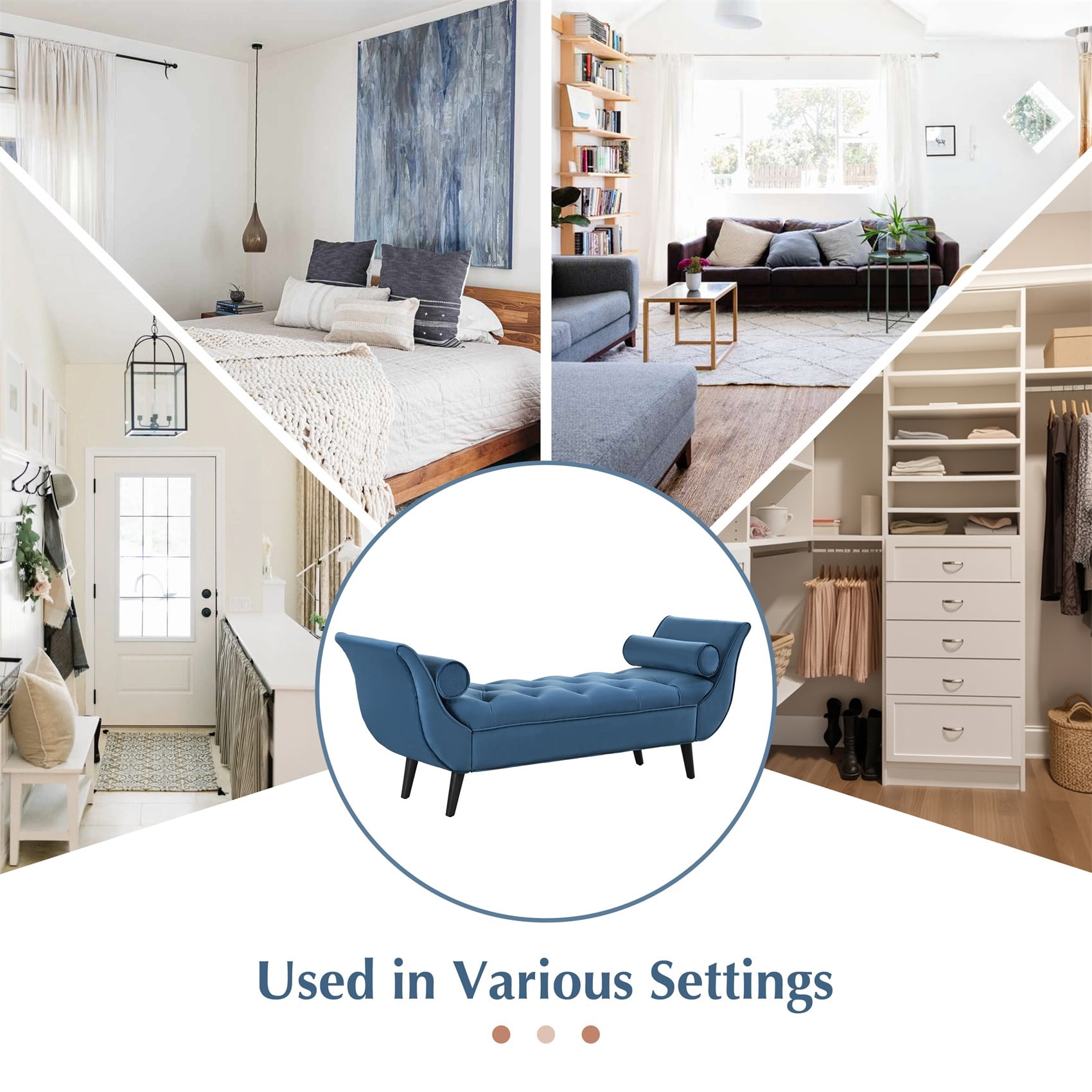 Alvantor Button Tufted End of Bed Benches Velvet Upholstered Bench with Pillows for Bedroom,Living Room, Entryway Blue