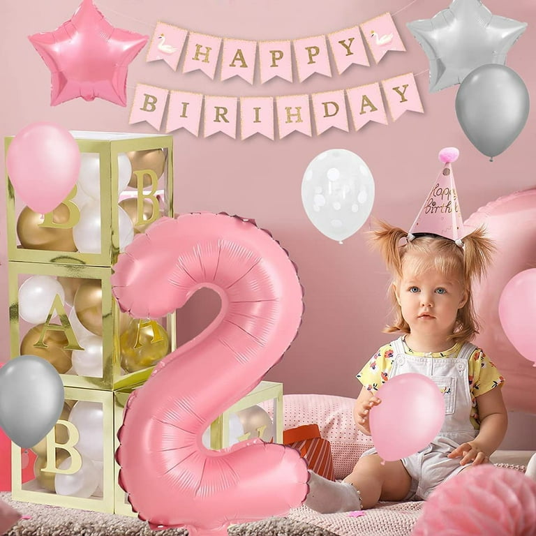 SPECOOL Baby Girl 2nd Birthday Decorations Pink Age 2 Birthday Balloons with Happy Birthday Banner Tablecloth for Baby Girl Second Birthday Party