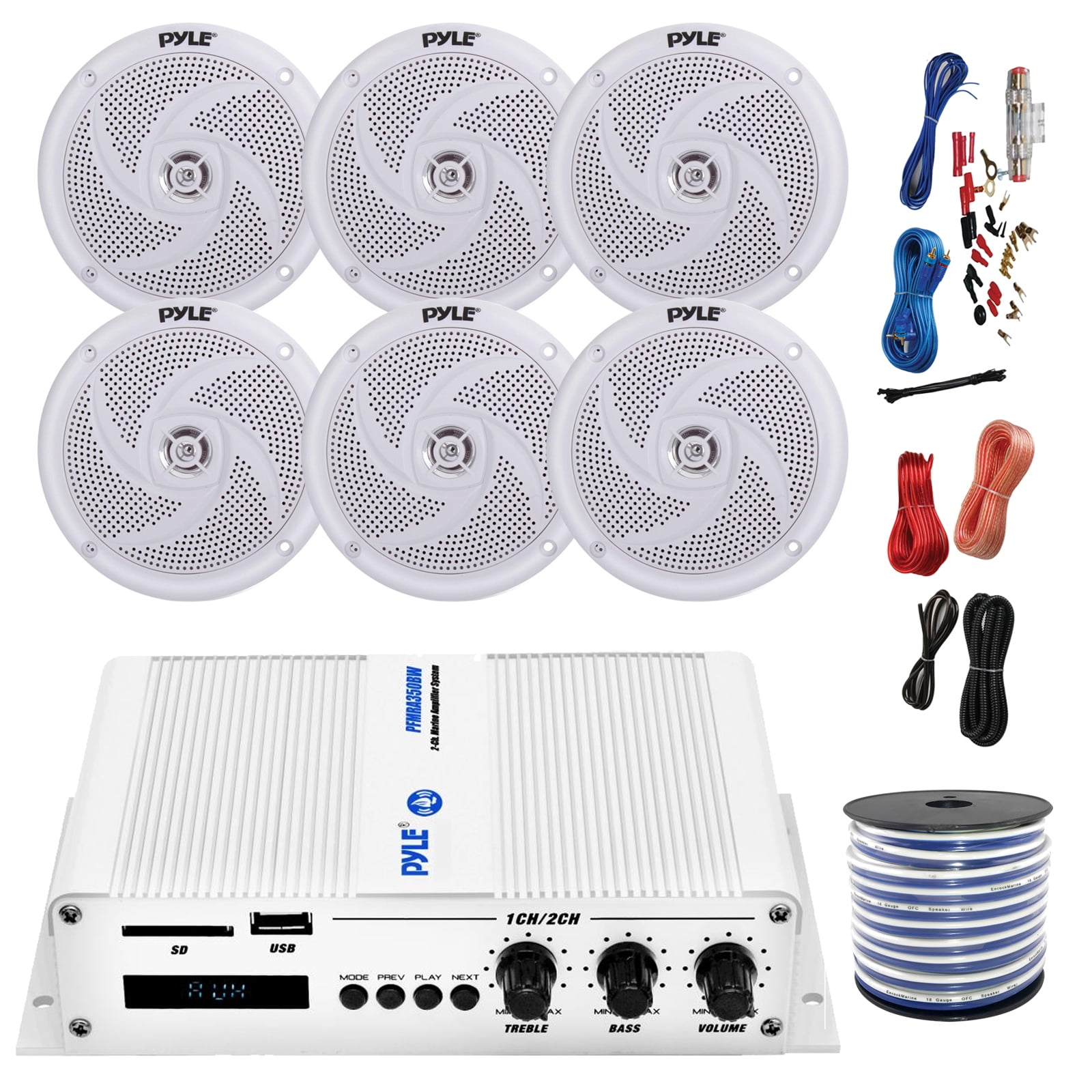 Pyle Marine PFMRA650BW 6-Channel Bluetooth White Amplifier, 6x Pyle 6.5