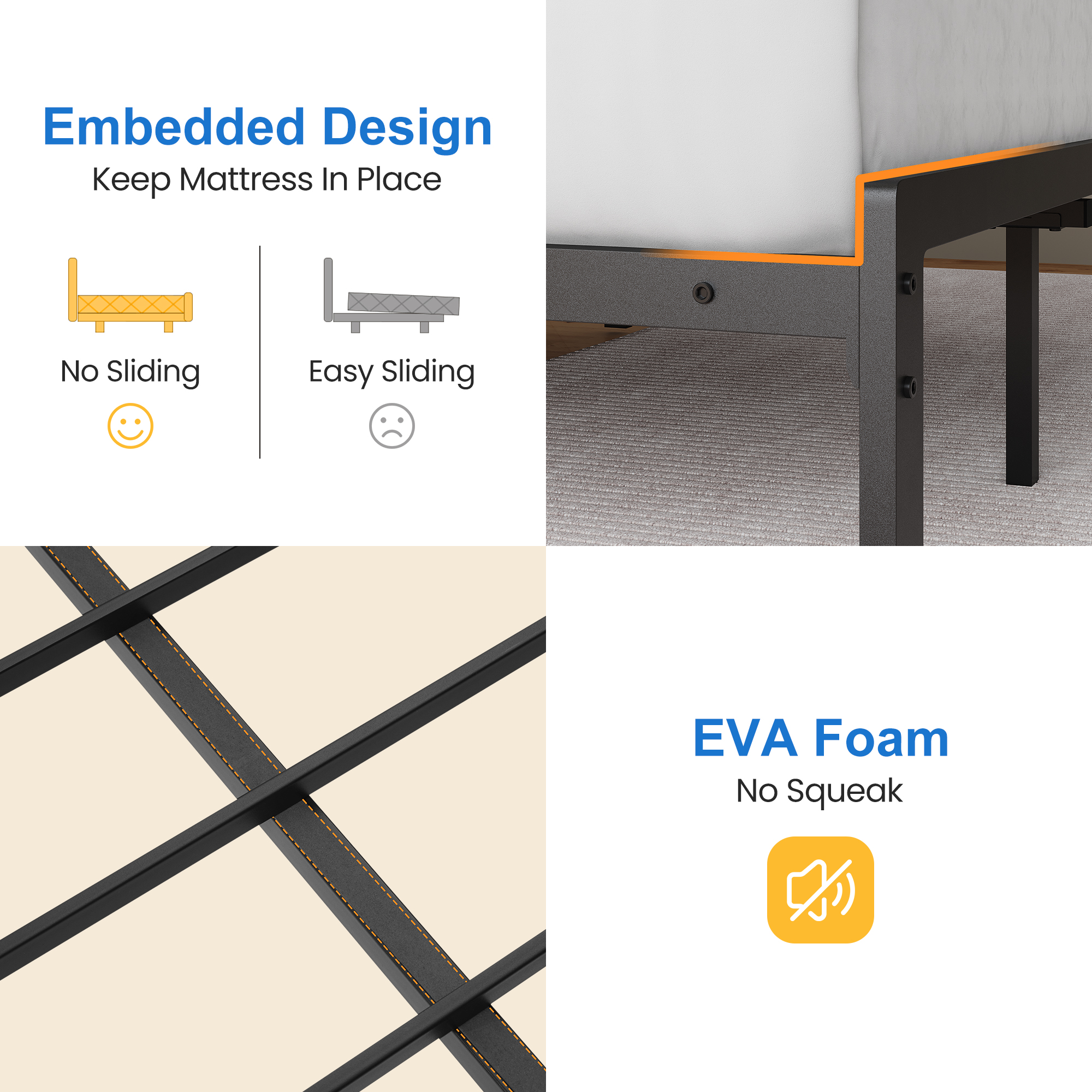 May in Color Queen Bed Frame with Upholstered Headboard, Metal Platform Bed with USB Charging Station, Easy Assembly, No Box Spring Needed