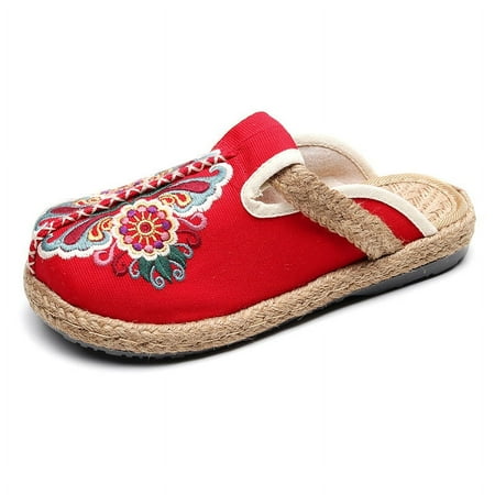 Mule Flat Espadrilles Shoes Women Slip on Slippers Summer Sandals Outdoor Walking Embroidery Garden Clogs House Loafer for Ladies