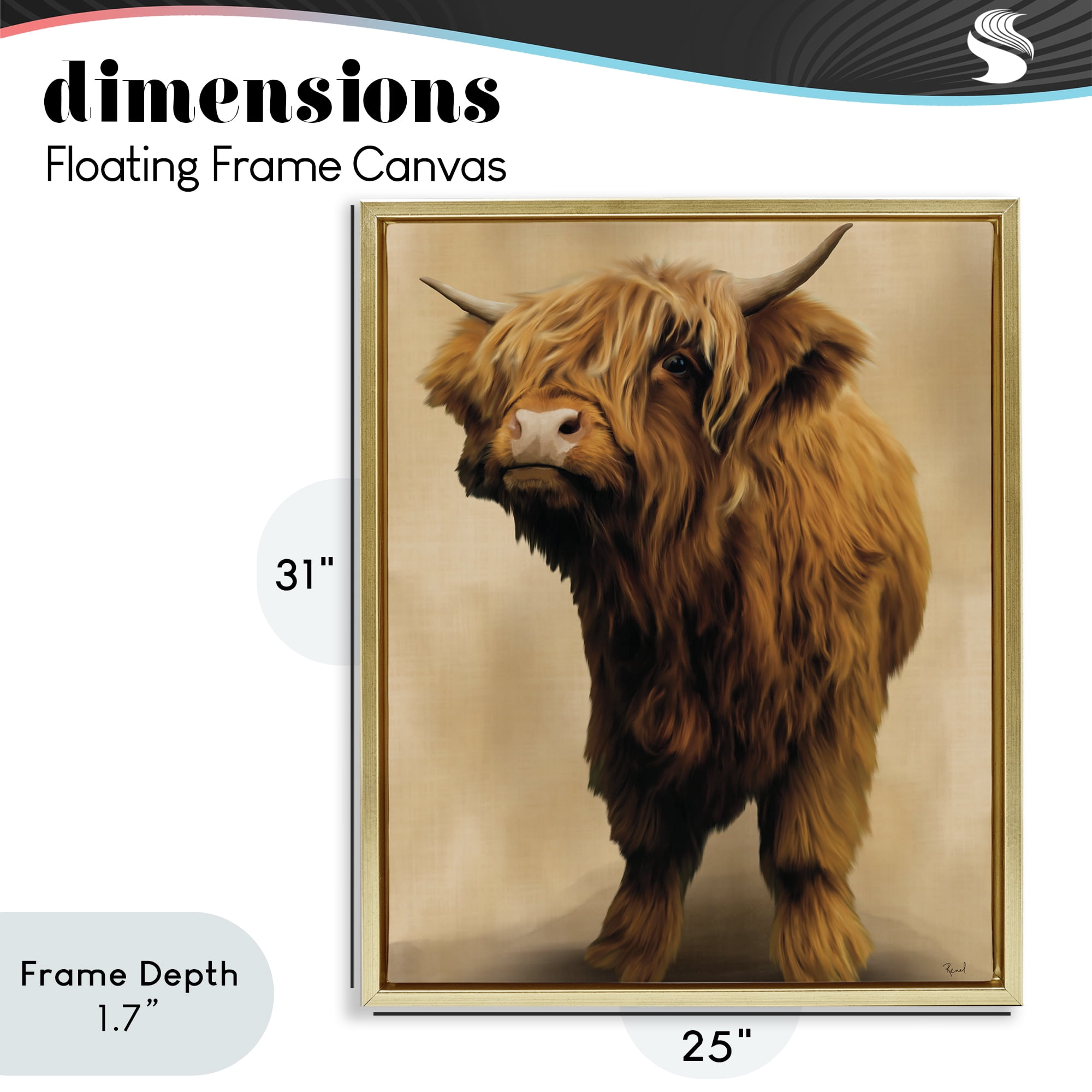 Stupell Industries Mini Highland Cow on Neutrals Gold Framed Floater Canvas Wall Art, design by Renel Peters