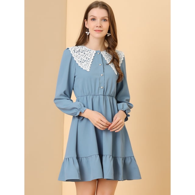 Unique Bargains Robe Rétro à Volants pour Femmes, Panneau en Dentelle, Col Peter Pan, Noir TP
