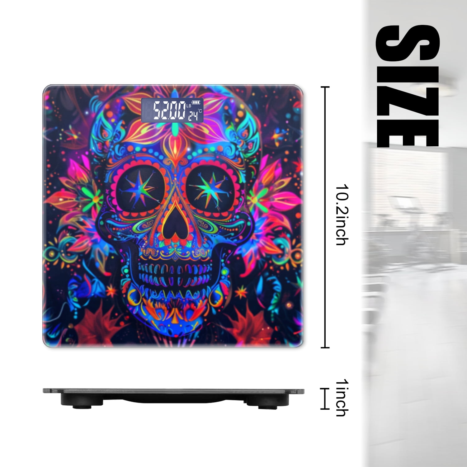 High Precision Body Weight Scale Smart Bathroom Scales with Large LCD Display(400lbs),Decorative for Bedroom-Mexican Skull With Neon Colors