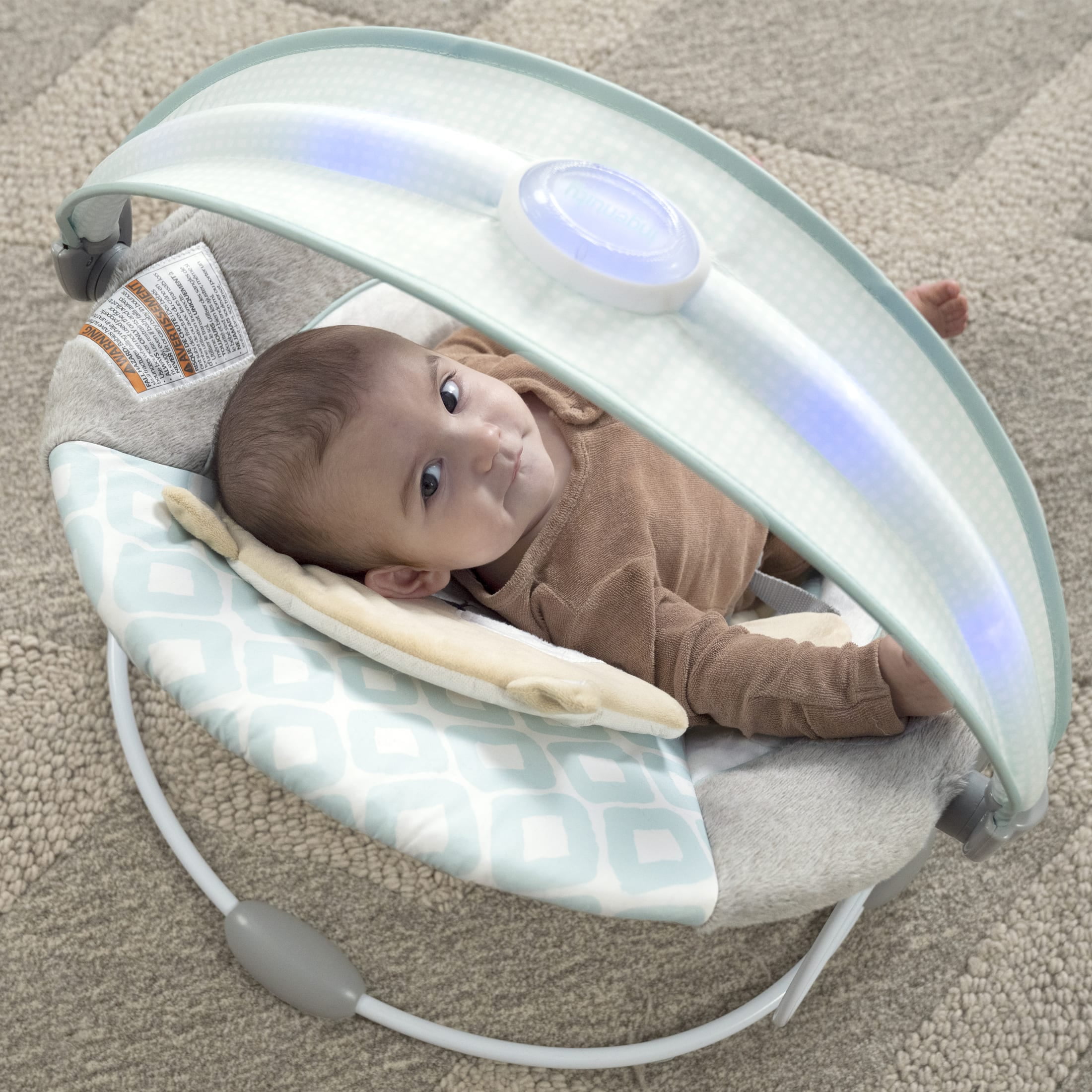 Ingenuity InLighten Baby Bouncer Seat with Light Up Toy Bar & Tummy Time Pillow, Unisex - Kitt