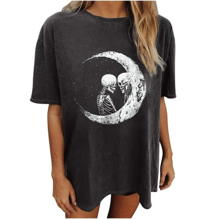 

Women s Vintage Drop Sleeves Skull Sun Moon Print Short Sleeve Tops Blouse