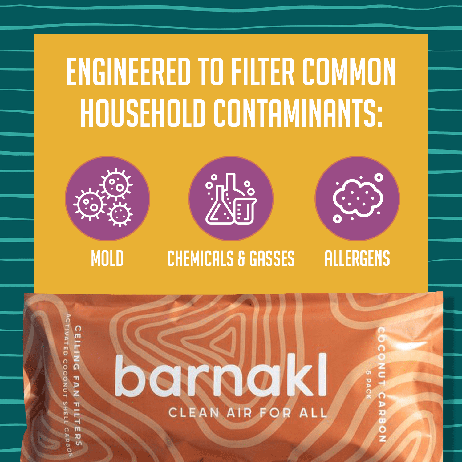 Barnakl Ceiling Fan Filters | Unscented Activated Coconut Shell Carbon Filter | Easy-Stick Ceiling Fan Air Filters | Universal Ceiling Fan Blade Filters for Common Household Contaminants, (5-Count)