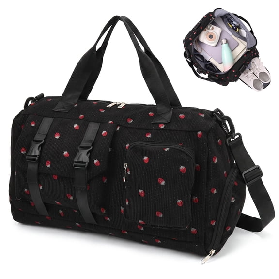 Duffle Bag for Women Girls Cute Corduroy Gym Bag with Shoe Compartment Strawberry Travel Weekender