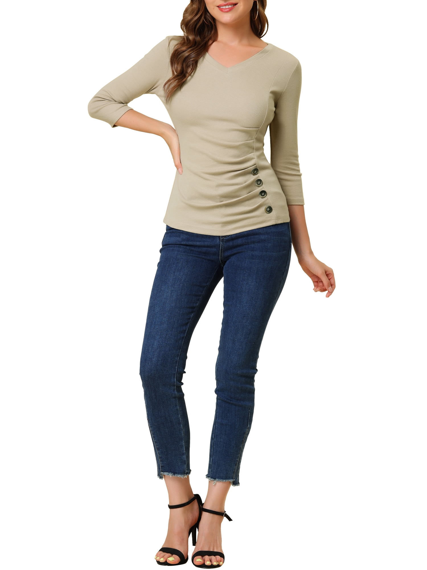 DARING DIVA V Neck Knitted Buttons Decor Ruched Blouse Top M Light Khaki
