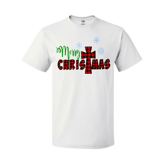 Inktastic Merry Christmas Buffalo Plaid Cross with Snowflakes T-Shirt