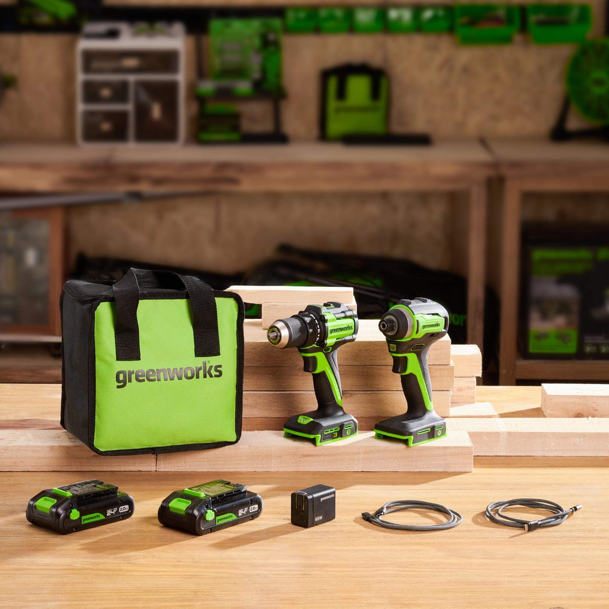 Greenworks 24V Cordless Brushless 400 in-lbs Drill/Driver+1950 in-lbs Impact Driver Combo,High Torque, Lightweight,w/(2) 2.0Ah USB-C Batteries,12000mAh Power Bank and 65W 3-Port USB-C Fast Charger