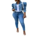 thumbnail image 3 of QJUHUNG Women‘s Ripped Denim Jacket Long Puff Sleeve Cropped Jean Coat  Distressed Button Down Jacket Streetwear, 3 of 7